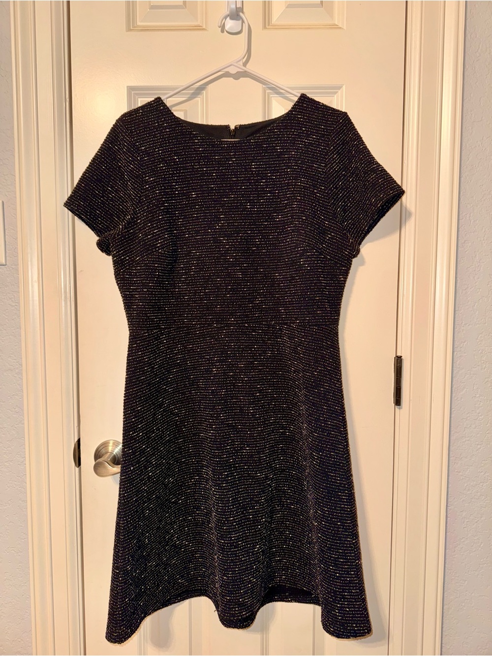 LOFT Black Tweed Fit & Flare Dress Size 12 Short Sleeve Textured